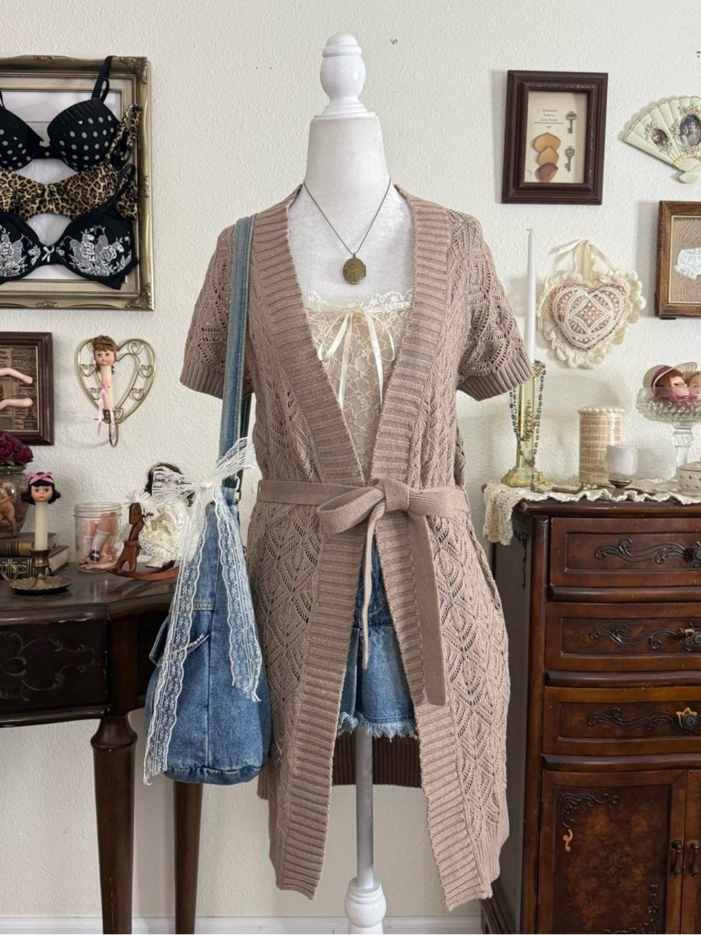 Y2k boho fairy grunge tan colored cozy knit cap sleeve cardigan | size M